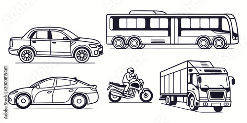 Collection of various road transportation vehicles including bus car truck and motorcycle with transportation vehicles motorcycle automobile collection illustration delivery transport