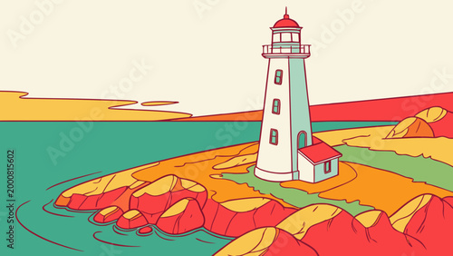 Graphic vector illustration of a coastal lighthouse in sunset lighting with lighthouse nautical maritime navigation illustration landmark landscape vacation background colorful stylized
