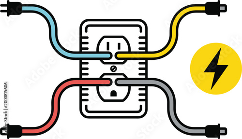 Multiple electrical plugs connected to central socket hub illustrating power sharing system and energy distribution network concept