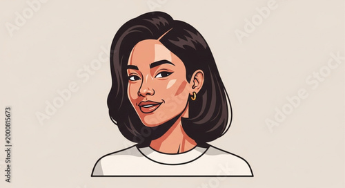 Stylish Woman with Dark Wavy Hair and Earrings.