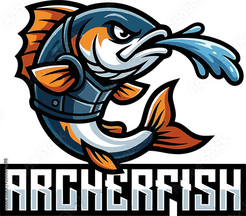 A dynamic vector illustration of a fierce archerfish mascot wearing armor and spitting water, perfect for an esports or sports team logo