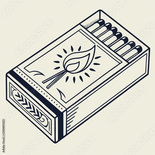 Vector matchbox, eco friendly design, leaf logo, black and white illustration, match box