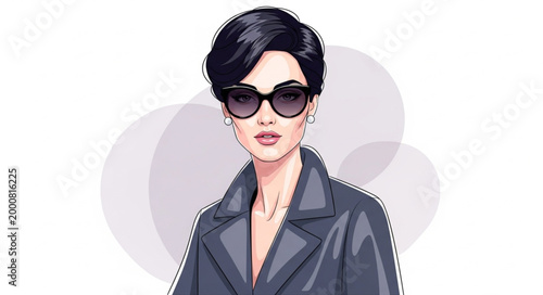 Stylish Woman with Short Hair and Sunglasses Wearing a Coat.