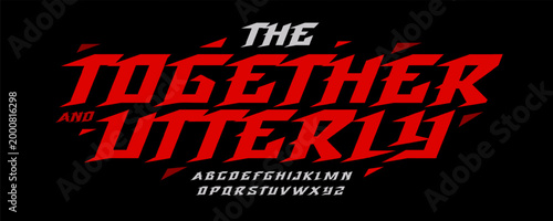 Rebel Dynamic Font Logo Headline Alphabet Italic Red Letter Set Modern Typography, Angular Typographic Design for Punk Rock Fest, Sport Title, Game Poster. Aggressive Style Fonts. Vector Typeface.