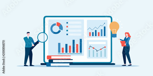 two professionals analyzing data on large screen with charts and graphs high quality professional detailed