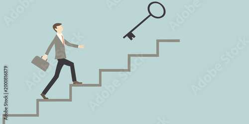 illustration of businessman climbing stairs towards key against light blue background high quality professional detailed