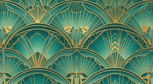 Teal and gold art deco pattern with geometric shapes and lines