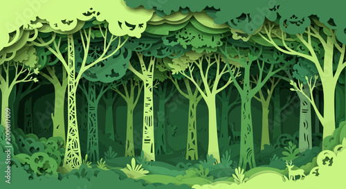 Vibrant green forest landscape with layered paper cutout trees and foliage