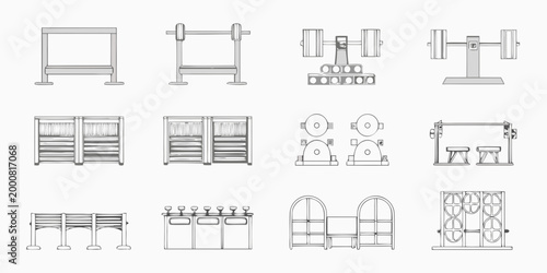 gym equipment illustrations in black and white line art style high quality professional detailed modern