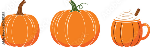 Autumn Pumpkin Set with Orange Gourds and Pumpkin Spice Mug Seasonal Harvest Vector Illustration