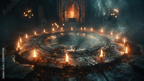Occult ritual circle with candles and glowing symbols in dark room. AI-generated.
