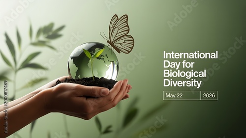 Hands holding earth globe with butterfly for biological day
