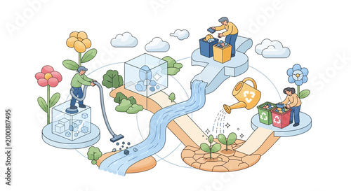 Isometric illustration featuring people participating in a community Earth Day event, using a vacuum, recycling, and planting, with a river connecting them, creating a stylized design