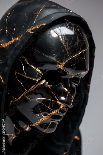 Black bust with golden cracks and glossy reflective surface. AI-generated.