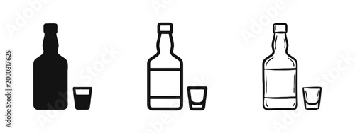 Whiskey Bottle and Shot Glass Icon Set in Solid, Outline, and Hand-Drawn Styles