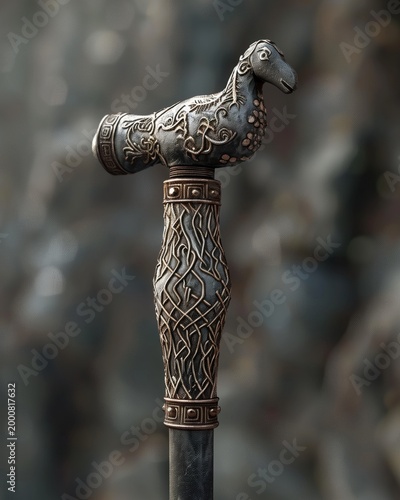 Ornate metal handle with engraved patterns and animal head. AI-generated.