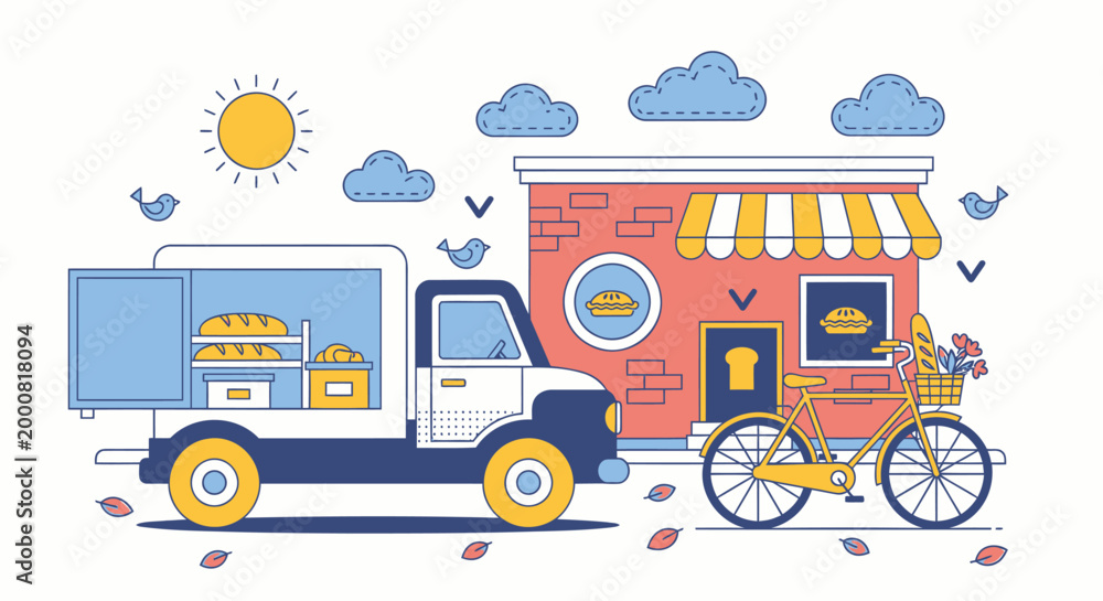 Naklejka premium Colorful food truck, bicycle, and shop vector illustration, street food, delivery, restaurant icons