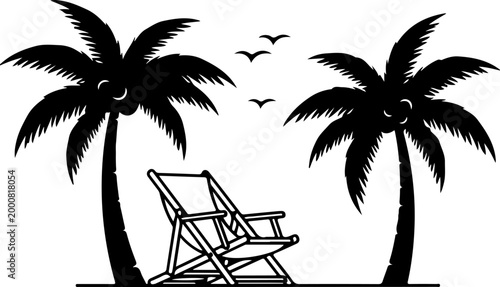 Beach chair and palm tree line art silhouette vector illustration