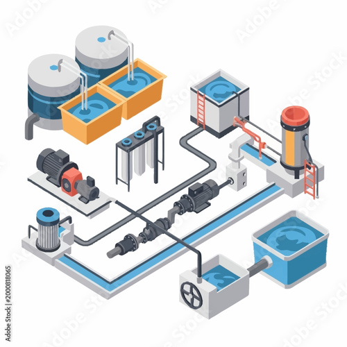 Industrial water purification system with pumps, filters, and tanks for clean water processing.