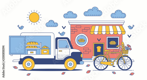 Colorful food truck, bicycle, and shop vector illustration, street food, delivery, restaurant icons
