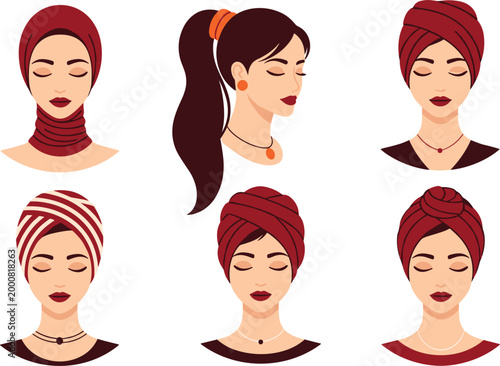 Headscarf and Turban Style Collection with Different Hair Wrapping Styles for Women Fashion and Beauty Illustration