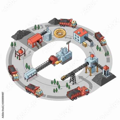 Illustration of a coal mining and processing industrial cycle with trucks and machinery.