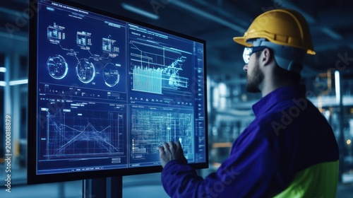 Industrial worker interacting with large touchscreen display in factory