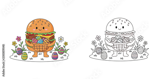 Cute Cartoon Easter Burger with Basket of Eggs and Flowers