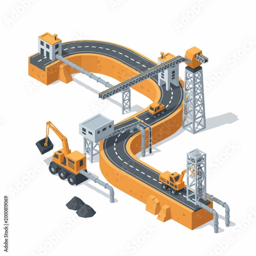 Isometric illustration of a coal mining operation with trucks, excavators, and conveyor belts.
