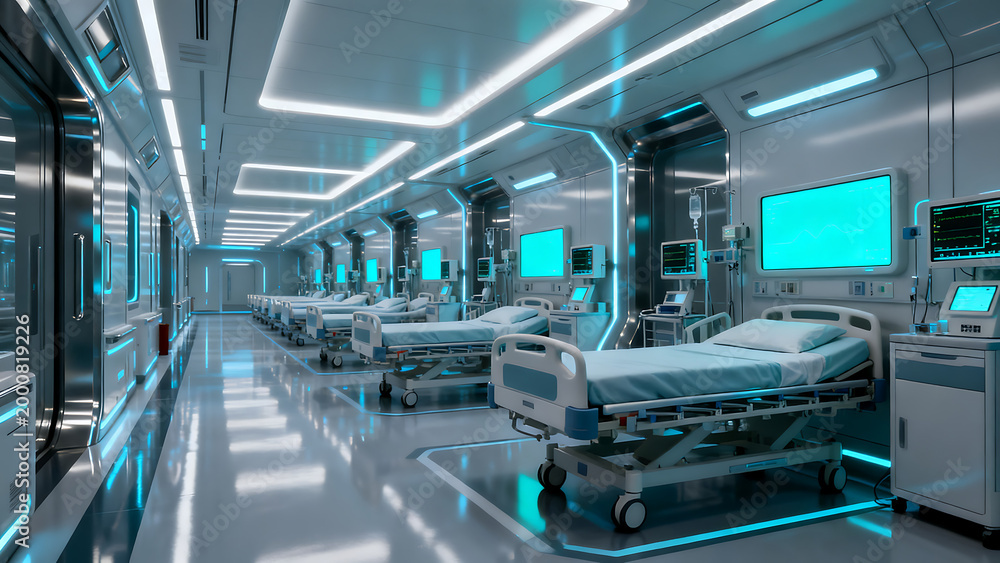 Obraz premium Futuristic hospital ward with advanced medical technology, sci-fi intensive care unit with glowing blue lights, modern spaceship infirmary interior isolated on White Background