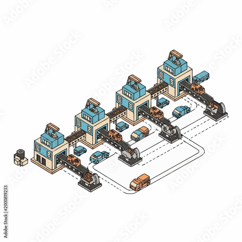 Isometric illustration of a car factory assembly line with robotic arms and conveyor belts.