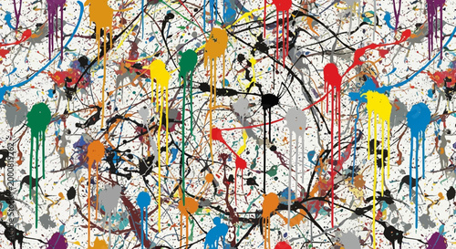 Vibrant colorful abstract painting with splatters and drips on white background