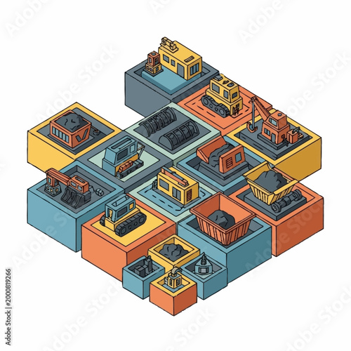Isometric illustration of coal mining equipment and resources arranged in a grid pattern.