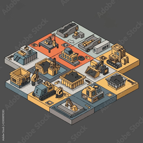 Isometric illustration of various construction and mining vehicles and equipment.