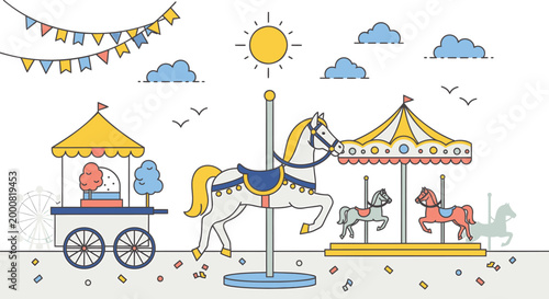Colorful carnival, amusement park, carousel horse, funfair ride, vector illustration