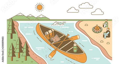 Canoe, outdoor adventure, water sports, recreational activities, vector illustration