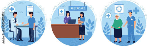 Healthcare Service Icons Set for Doctor Consultation, Reception, and Patient Assistance in Medical and Healthcare Applications