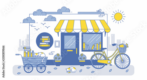 Colorful food cart, bicycle, and shop vector illustration, sunny outdoor market scene
