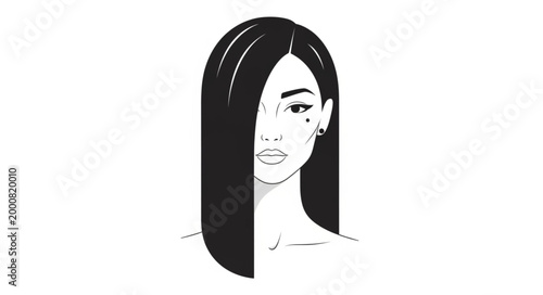 Stylized Illustration of a Womans Face with Long Black Hair.