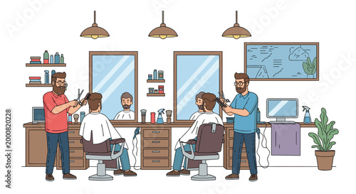 Modern barbershop interior showing professional barbers cutting and styling hair for men in front of mirrors and shelves for male grooming.