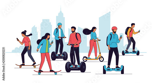 Diverse group of young people using modern electric scooters, skateboards, and hoverboards against a city skyline for urban transportation.