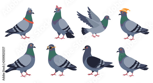 Fun collection of eight different pigeons shown in various poses and wearing accessories like hats, sunglasses, and beads for city humor.