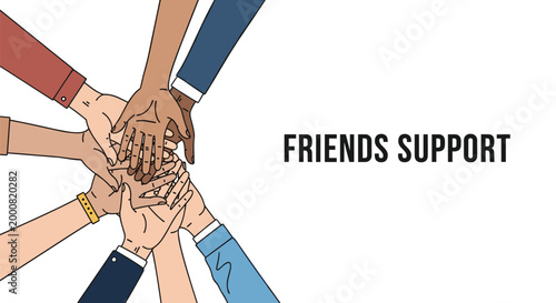 Close up view of a diverse group of friends or colleagues stacking their hands together as a sign of unity and mutual support for a goal.