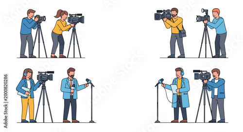 Collection of media professionals including cameramen and news reporters working together to broadcast news in the field for television.
