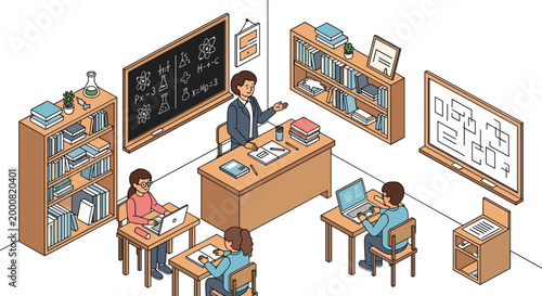 Teacher standing at her desk in a science classroom filled with bookshelves and chalkboards while students focus on their laptop and notebook tasks.