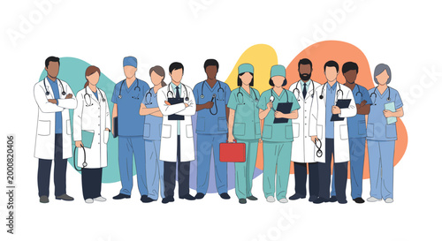 Diverse team of medical professionals like doctors, nurses, and surgeons standing together to represent a healthcare team in a hospital.