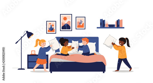 Group of diverse children having a fun pillow fight on a bed in a cozy bedroom decorated with wall art, a lamp, and bookshelves on a white background.