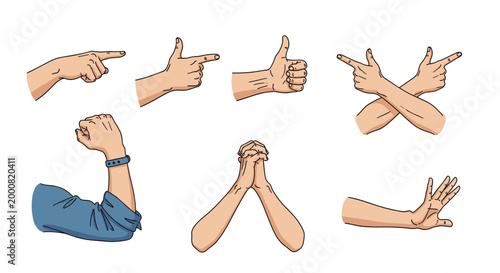 Variety of human hand gestures including pointing, thumbs up, a fist, praying hands, and stop signals illustrated with detailed line work and color.