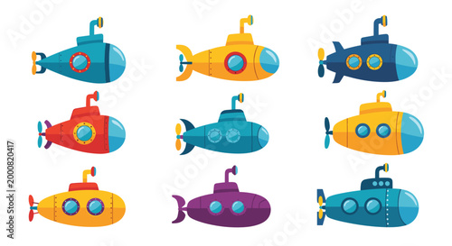 Set of nine colorful submarine cartoon icons in various shapes and designs with periscopes and propellers for underwater exploration and adventure.