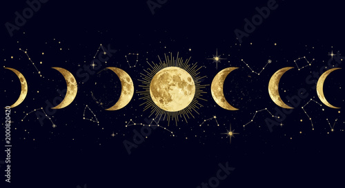 Quadro em tela Phases of the moon lunar cycle illustration gold on black